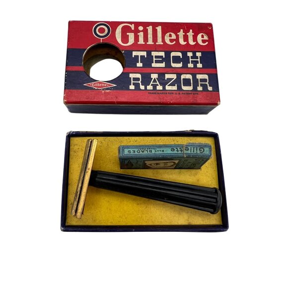 Vintage Gillette Tech Razor Set w/ King Gillette Blades & Original Box - Picture 1 of 8